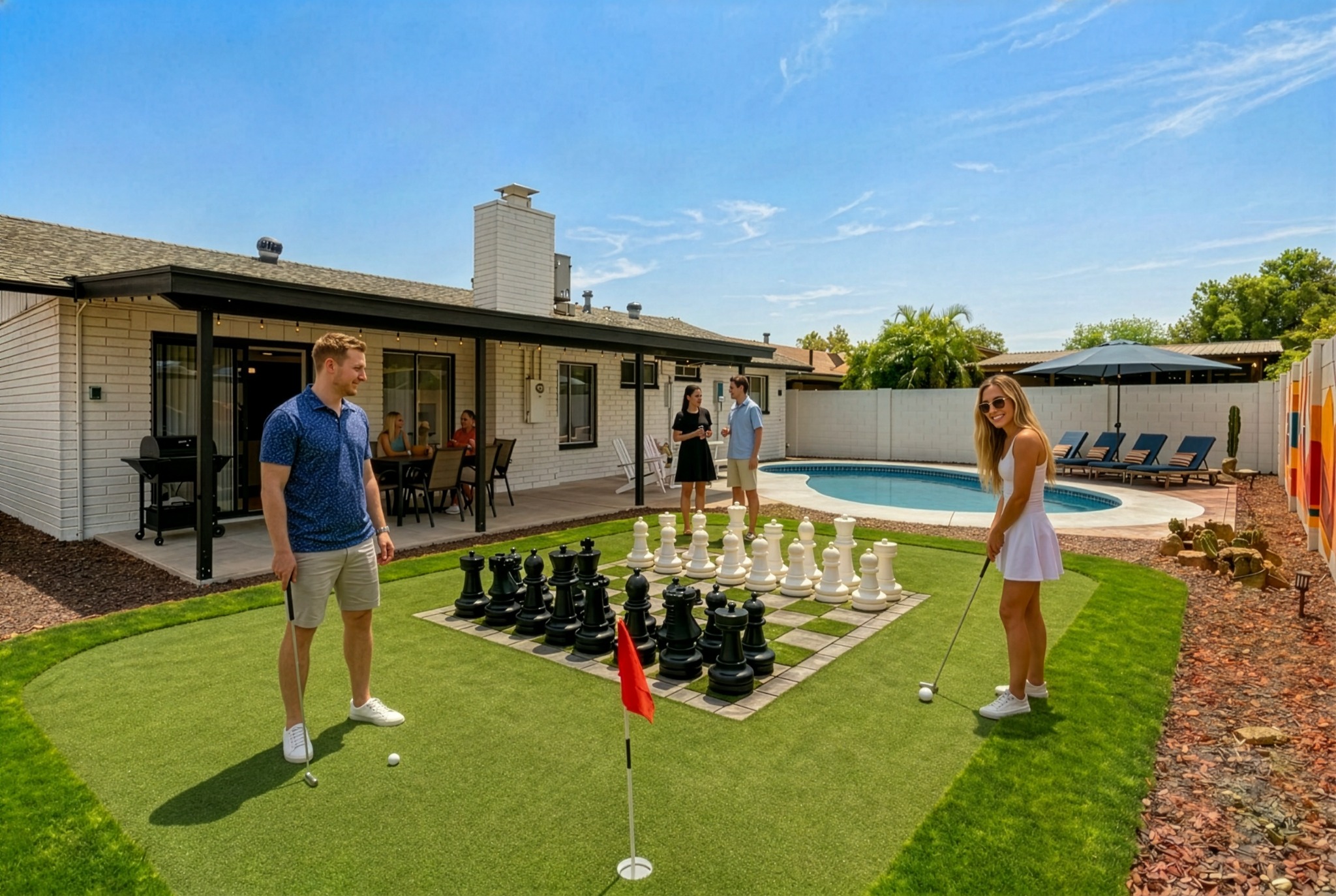Guests enjoying backyard games and putting green at El Charro Sol Scottsdale
