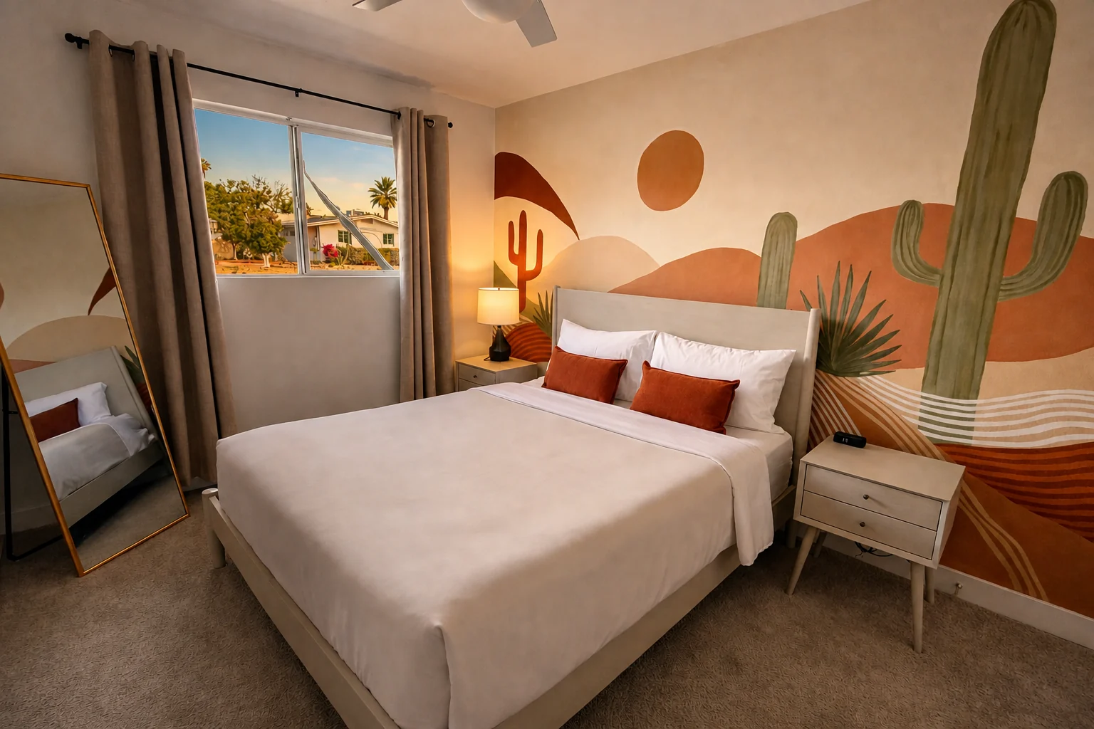 Bedroom 1 with cactus mural and warm neutral bedding