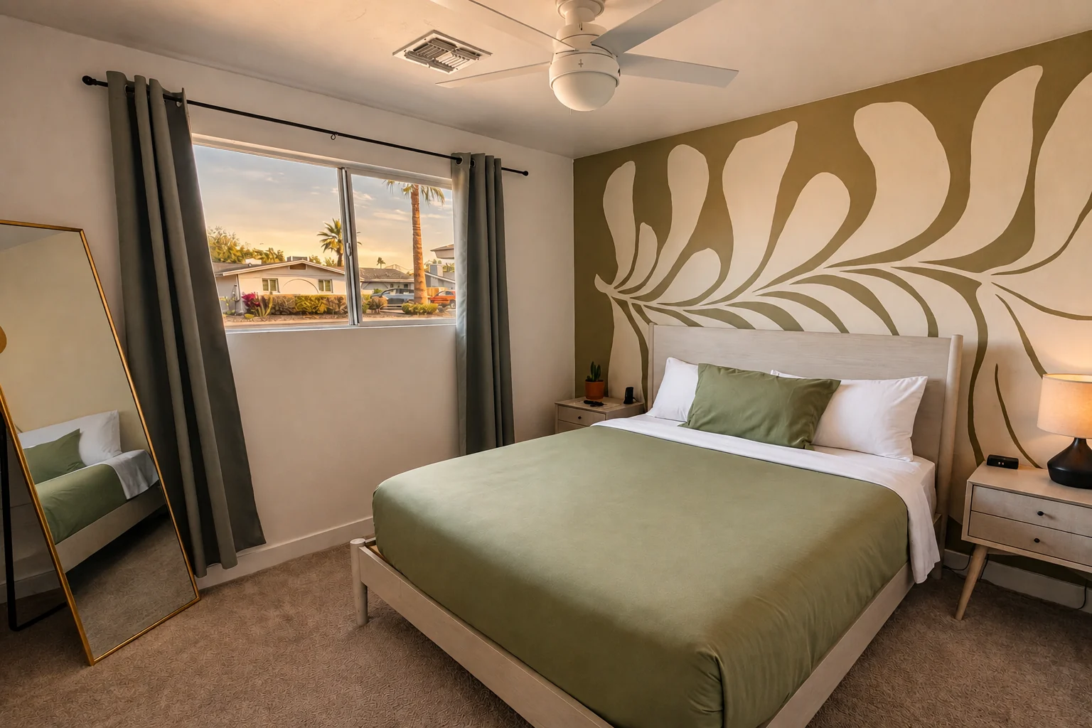 Bedroom 2 with green leaf mural and green bedding