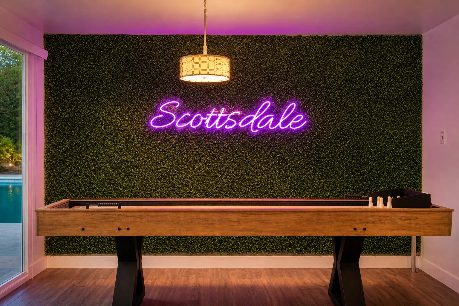 Scottsdale neon game room with shuffleboard