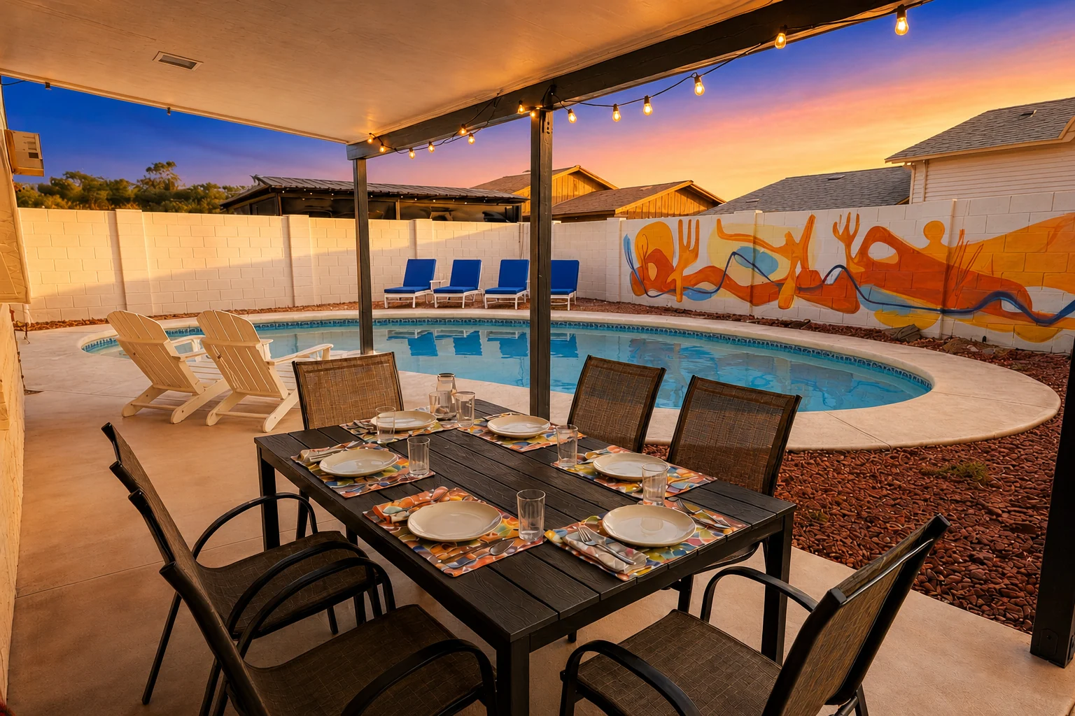 Covered outdoor dining area overlooking the pool at twilight