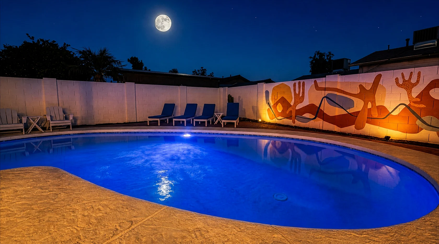 Private pool and desert mural illuminated at night