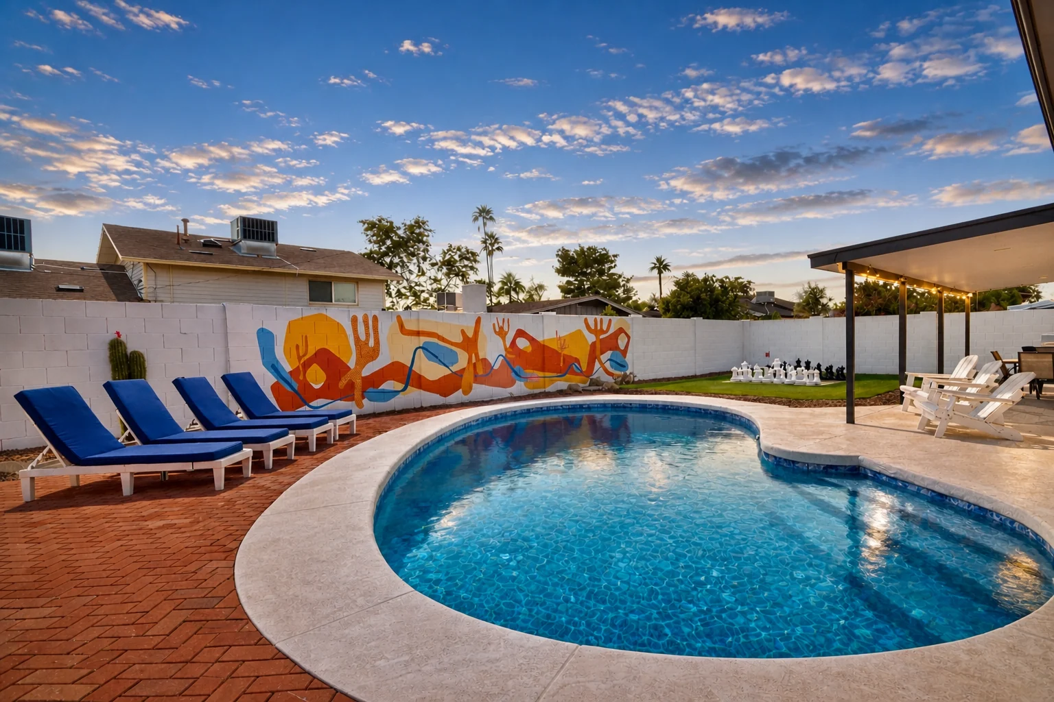 Pool and desert mural in warm golden-hour light