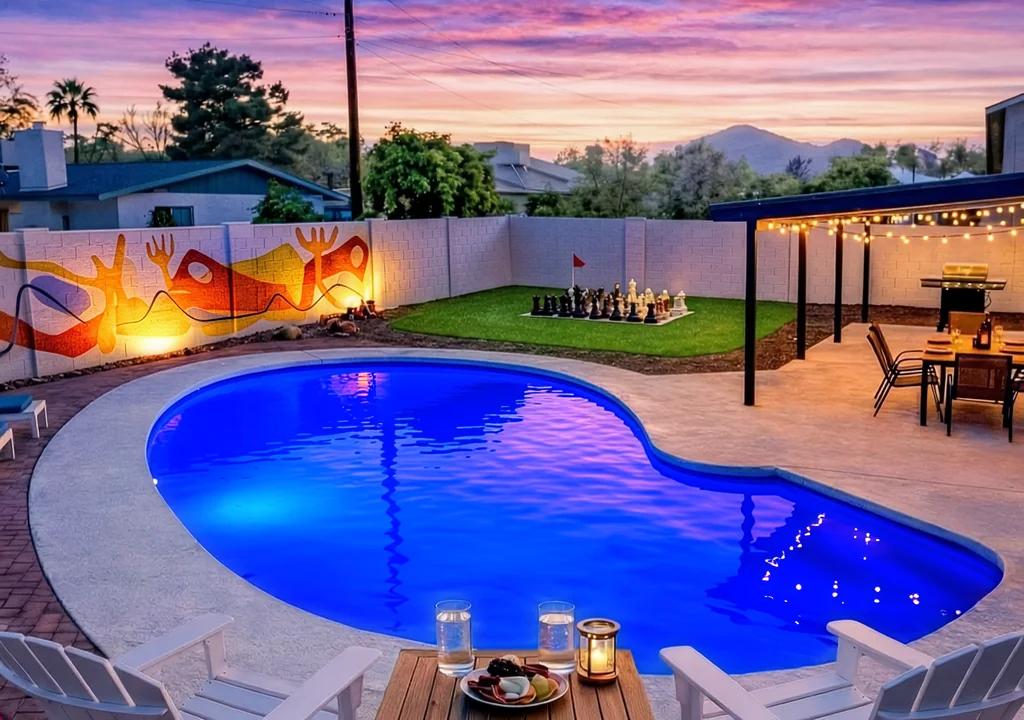 Private pool at El Charro Sol illuminated at night